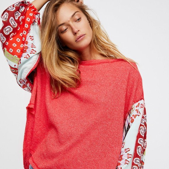 Free People We the Free Blossom thermal balloon sleeve patchwork boho fun top XS - Picture 1 of 11